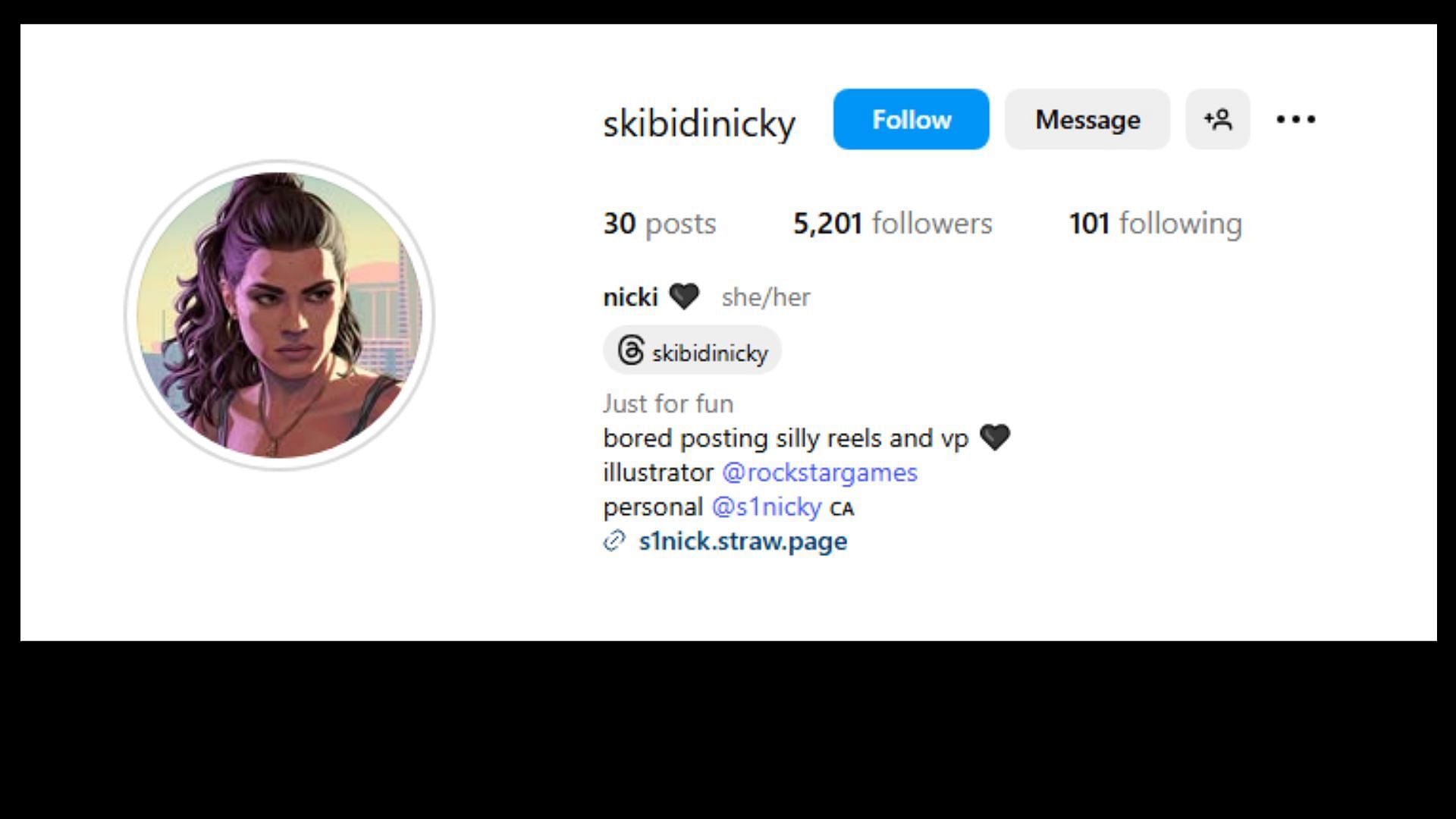 The Instagram bio of @skibidinicky (Image via Instagram)
